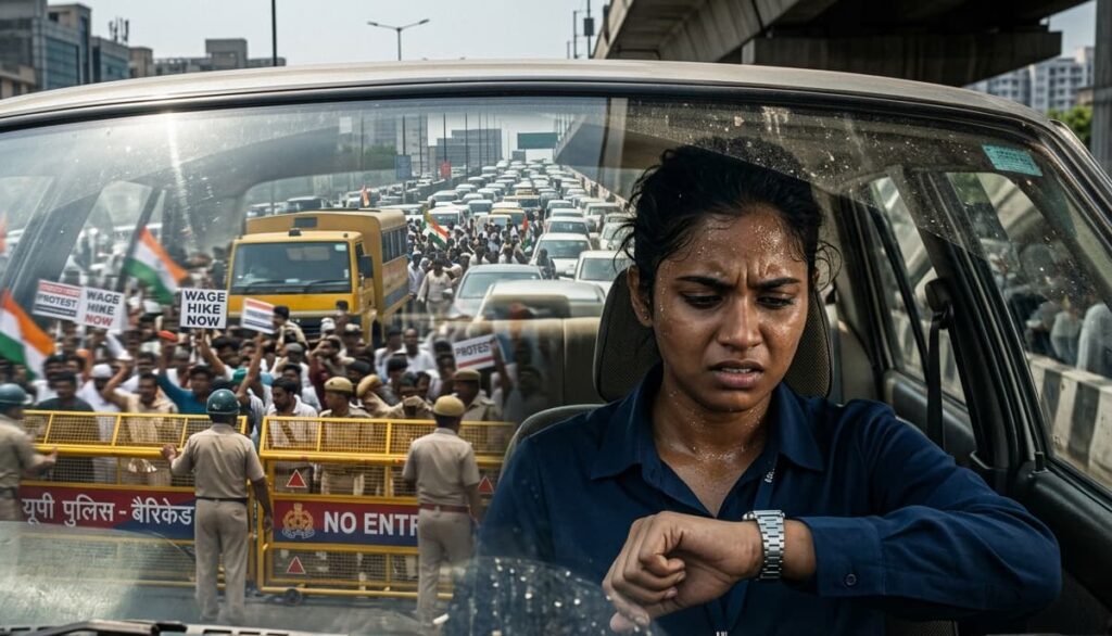 Heavy traffic jam at Delhi-Noida border with police barricades and protestors in the background.