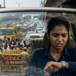 Heavy traffic jam at Delhi-Noida border with police barricades and protestors in the background.