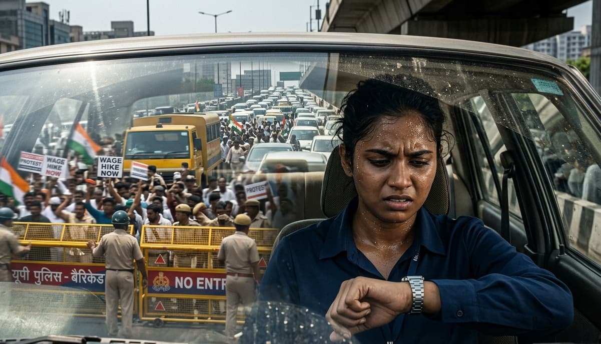 Heavy traffic jam at Delhi-Noida border with police barricades and protestors in the background.