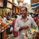 A middle-class Indian family smiling while shopping at a modern grocery store with lower price tags visible.