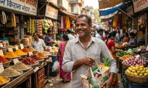 A middle-class Indian family smiling while shopping at a modern grocery store with lower price tags visible.