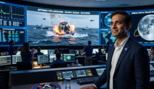 Amit Kshatriya speaking at a NASA press conference after the Artemis II splashdown.