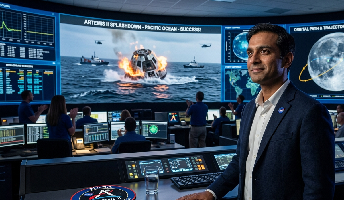 Amit Kshatriya speaking at a NASA press conference after the Artemis II splashdown.
