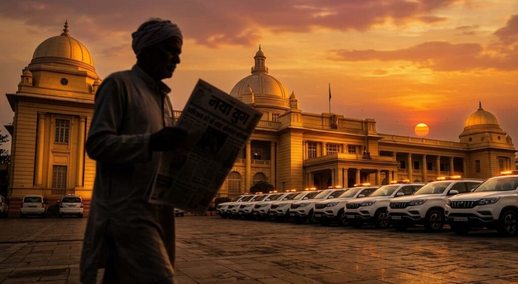 Security forces and political supporters gathered outside the Bihar Assembly in Patna during the NDA leadership transition.