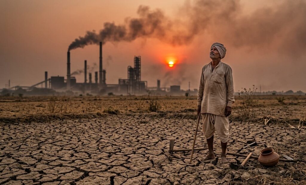 A dry cracked field in rural India under a scorching sun, representing the 2026 monsoon deficit.