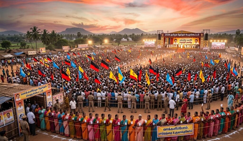 A crowded political rally in Tamil Nadu with supporters holding party flags under a bright sun.