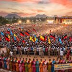 A crowded political rally in Tamil Nadu with supporters holding party flags under a bright sun.