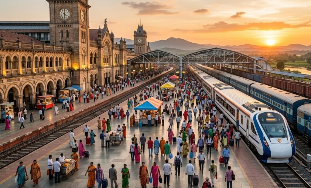 A high-speed Vande Bharat train crossing a with AI-monitored tracks.