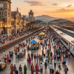 A high-speed Vande Bharat train crossing a with AI-monitored tracks.