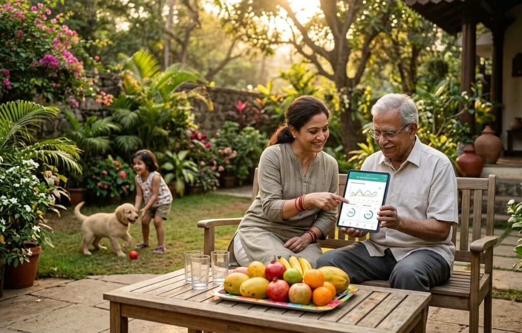 A candid shot of an Indian family laughing together during a morning walk, with a modern city skyline in the soft-focus background.