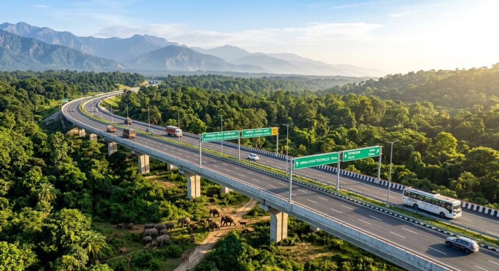 : Aerial view of the new Delhi-Dehradun Economic Corridor featuring the 12 km elevated wildlife section.