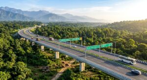 : Aerial view of the new Delhi-Dehradun Economic Corridor featuring the 12 km elevated wildlife section.