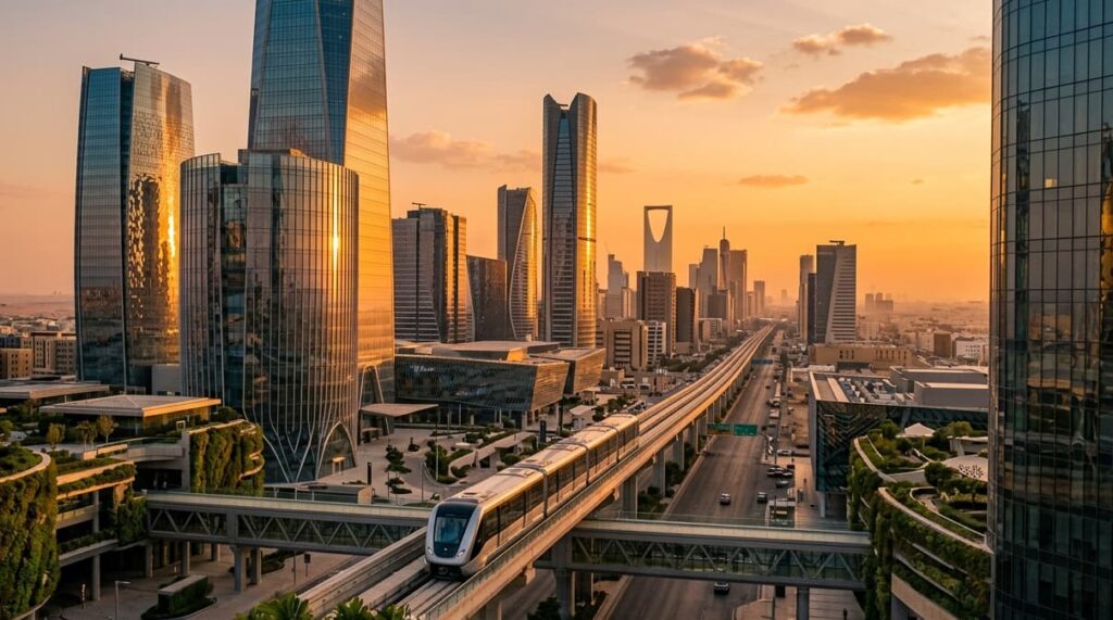 Futuristic sunset view of Riyadh’s King Abdullah Financial District with smart monorail.