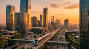 Futuristic sunset view of Riyadh’s King Abdullah Financial District with smart monorail.