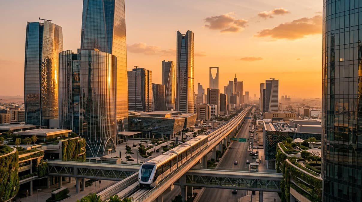 Futuristic sunset view of Riyadh’s King Abdullah Financial District with smart monorail.