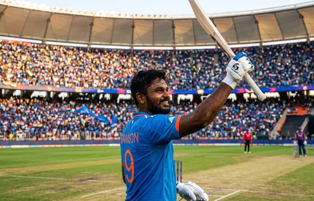 Sanju Samson celebrating a half-century in the India blue jersey during a T20 match.