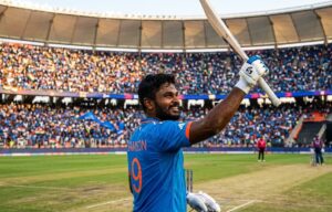 Sanju Samson celebrating a half-century in the India blue jersey during a T20 match.