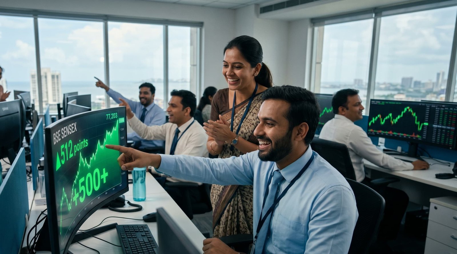 A professional Indian stock trader intently monitoring multiple digital screens displaying green upward-trending market graphs and breaking news headlines about the Iran-US peace proposal at a modern financial hub.