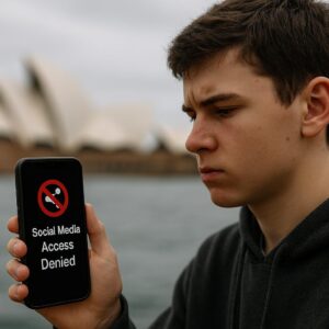 Young man holding phone, denied access