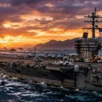 U.S. Navy fleet patrolling the Strait of Hormuz during a high-tension naval blockade.