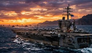 U.S. Navy fleet patrolling the Strait of Hormuz during a high-tension naval blockade.