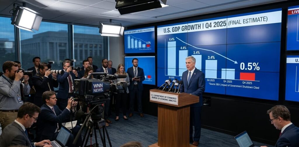 The US Bureau of Economic Analysis revised Q4 2025 GDP growth down to 0.5%. Explore how the 43-day government shutdown and slowing investment impacted the economy.