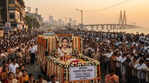A respectful portrait of Asha Bhosle draped in aasha taiwith the Mumbai skyline in the background