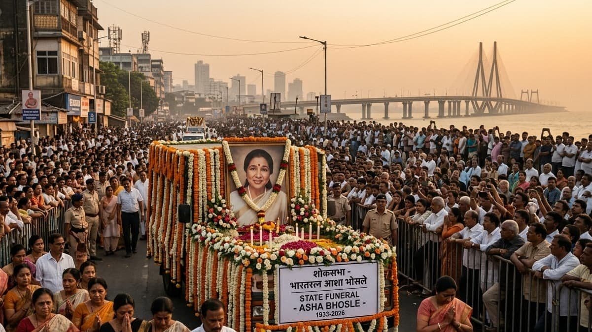 A respectful portrait of Asha Bhosle draped in aasha taiwith the Mumbai skyline in the background