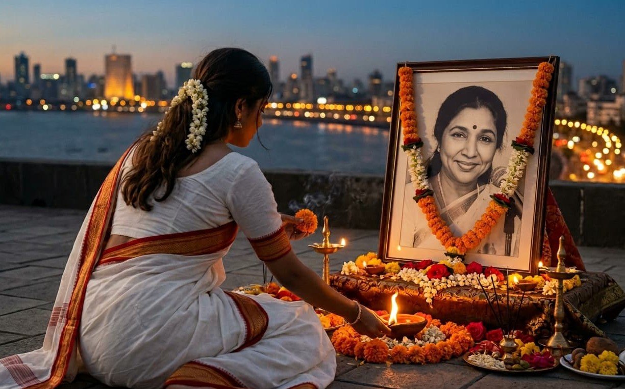 A nostalgic black-and-white portrait of Asha Bhosle holding a vintage microphone, smiling warmly.