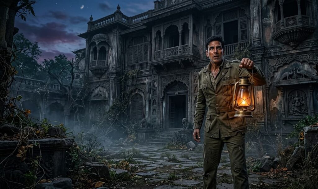 A man resembling Akshay Kumar in a tattered safari suit holds a glowing brass lantern in front of a decaying, gothic Indian mansion at twilight.