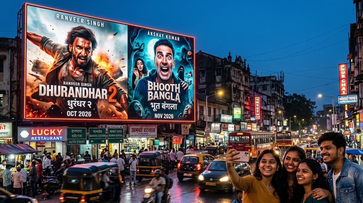 digital billboard in Mumbai showing Ranveer Singh in a rugged action pose and Akshay Kumar in a funny horror expression.