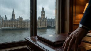 A high-angle view of the Diego Garcia military base runway with British and American flags flying.