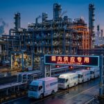An 8K cinematic photograph of an autonomous BYD transport fleet lining up outside a Chinese semiconductor facility.