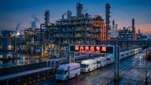 An 8K cinematic photograph of an autonomous BYD transport fleet lining up outside a Chinese semiconductor facility.