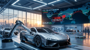 A high-tech automated manufacturing line in a Chinese factory with robotic arms assembling a silver electric vehicle.