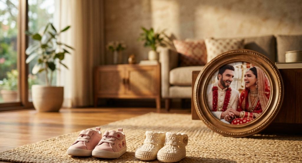 Conceptual photo for Deepika Padukone's second pregnancy news, with tiny baby booties next to toddler shoes and a blurred family photo in the background.