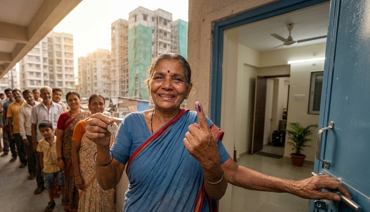 A middle-aged Indian woman in a saree holds a steel key and is smiling as she opens the door of a modern flat. Behind her, other family members look excited