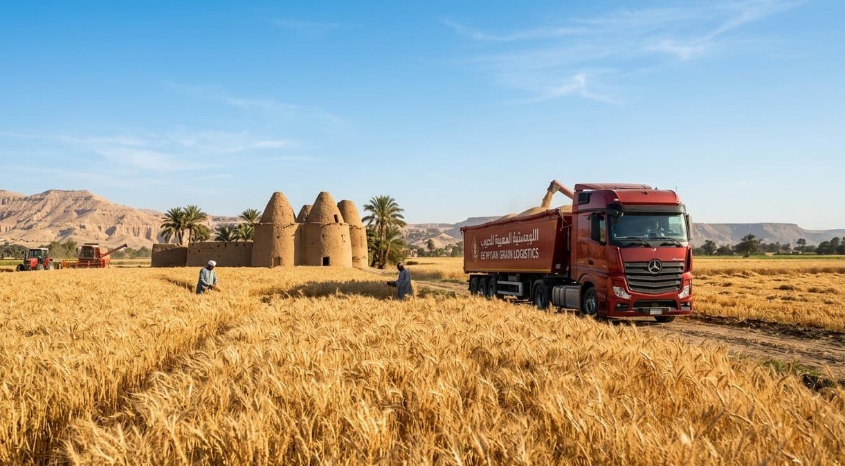Golden wheat fields in Upper Egypt during the 2026 harvest season with industrial silos in the background