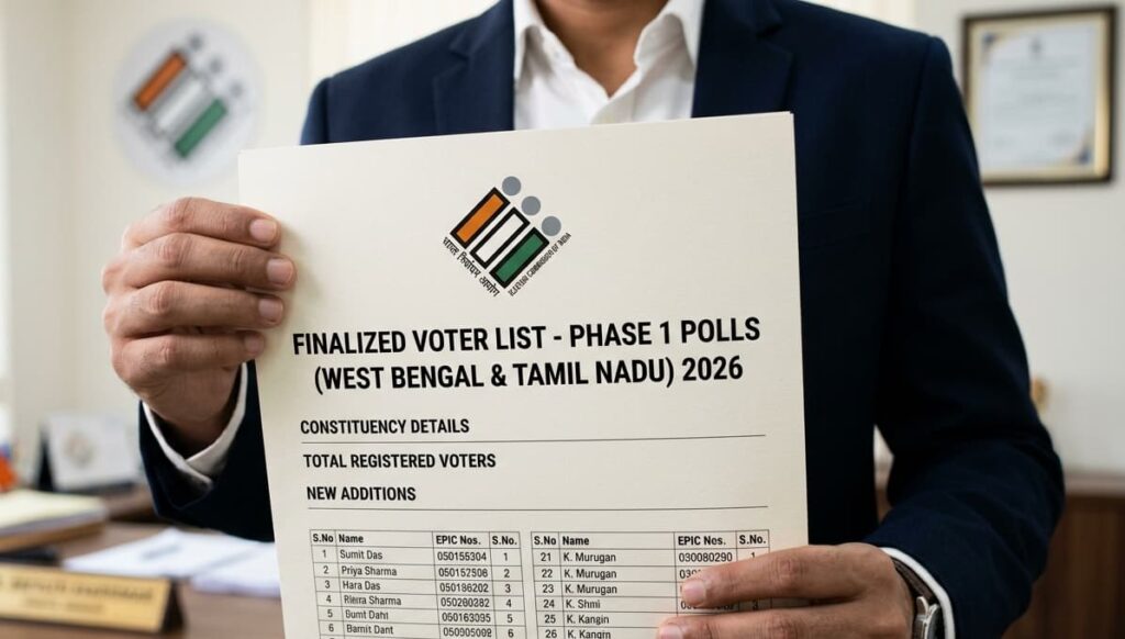 Official Election Commission of India logo and voter list document for West Bengal and Tamil Nadu 2026 elections.