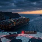 A cargo ship navigating through the narrow Strait of Hormuz with naval vessels visible in the distance