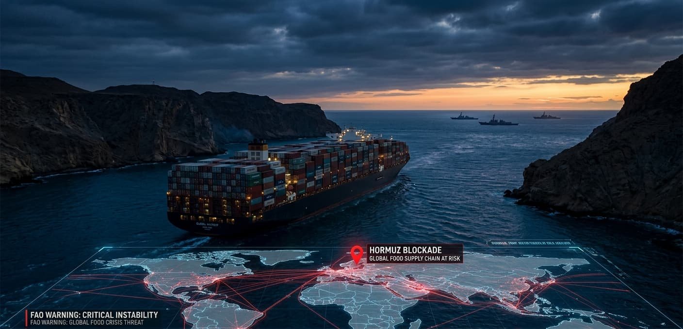 A cargo ship navigating through the narrow Strait of Hormuz with naval vessels visible in the distance