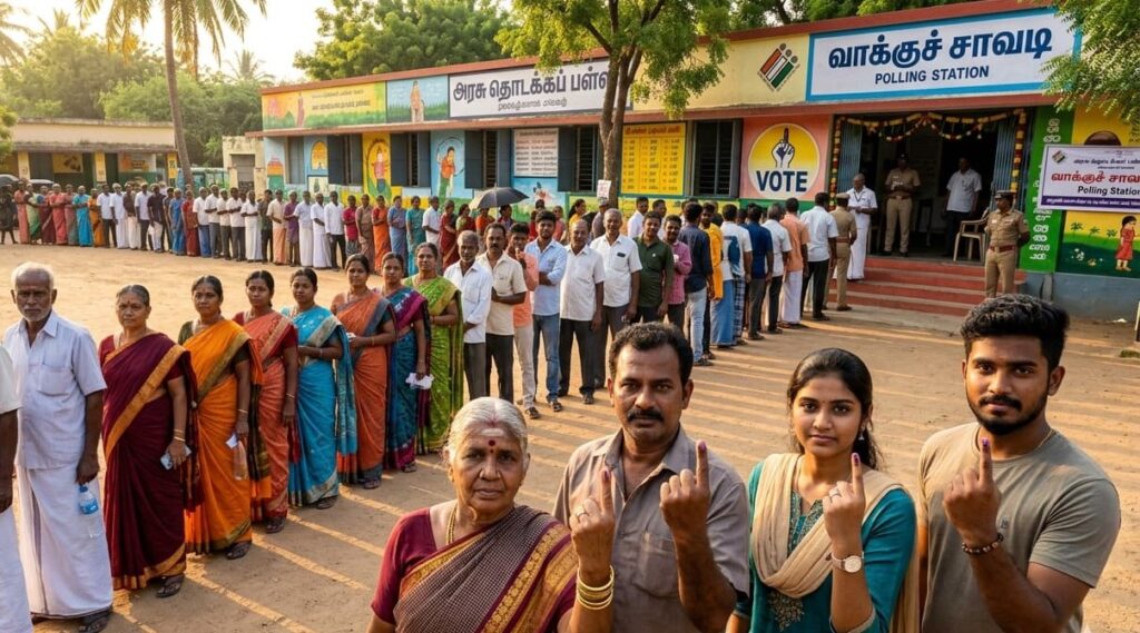 A diverse group of Indian voters, including an elderly woman and a young man, showing their inked fingers at a polling station.