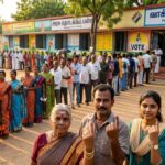 A diverse group of Indian voters, including an elderly woman and a young man, showing their inked fingers at a polling station.