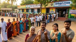 A diverse group of Indian voters, including an elderly woman and a young man, showing their inked fingers at a polling station.