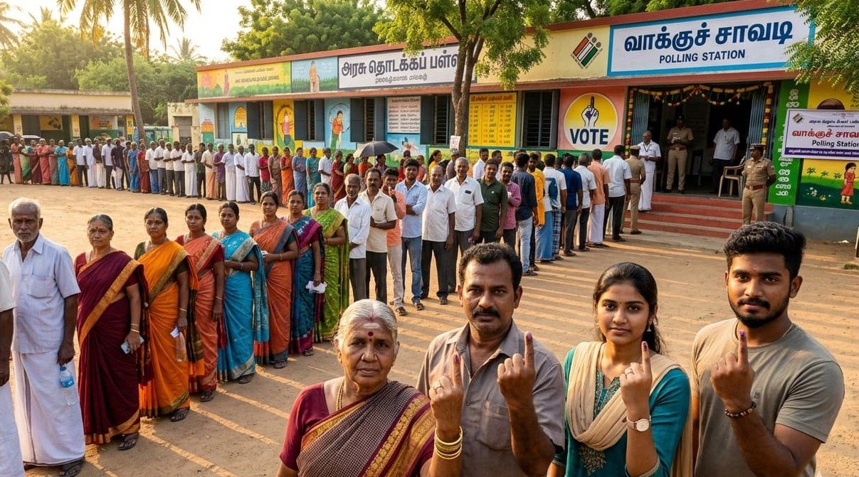 A diverse group of Indian voters, including an elderly woman and a young man, showing their inked fingers at a polling station.