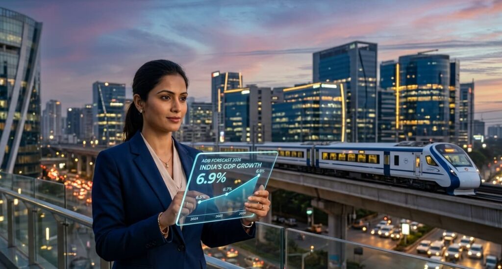 A digital dashboard showing India's rising GDP graph with a background of a modern Indian city skyline.