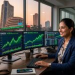A digital display of the Bombay Stock Exchange (BSE) building showing green upward arrows and rising stock indices.