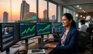 A digital display of the Bombay Stock Exchange (BSE) building showing green upward arrows and rising stock indices.