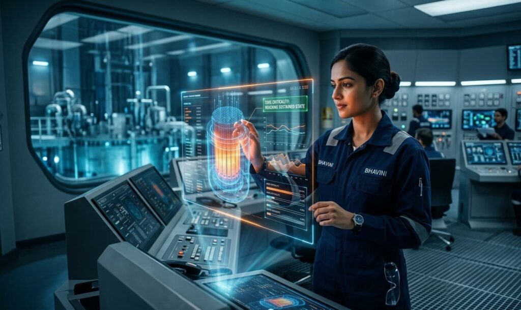 A young female engineer at BHAVINI monitoring a futuristic holographic display of a nuclear reactor core as it reaches criticality, set within a high-tech control room in Kalpakkam, India.