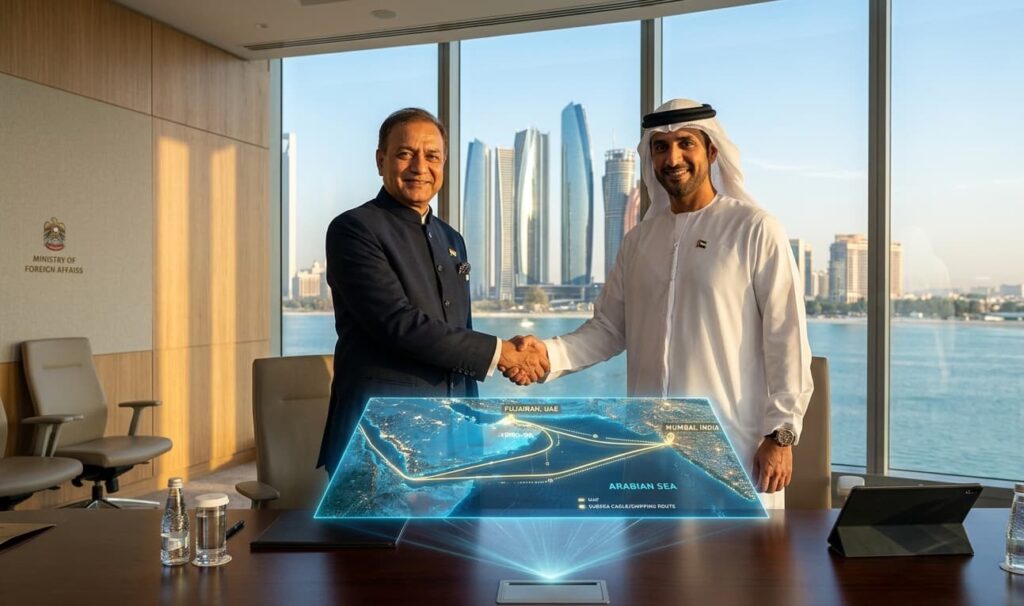 S. Jaishankar and UAE officials exchanging documents in a high-tech boardroom, symbolizing a futuristic energy partnership.